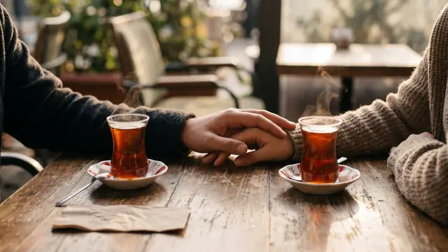 Kafe masasında çay bardakları yanında birbirine dokunan eller