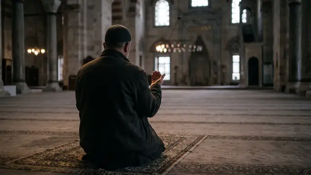 Loş camide seccade üzerinde duaya el açmış adam, arkadan