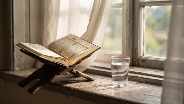 Pencere kenarında rahlede açık Kur'an ve bir bardak su