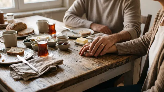 Kahvaltı masasında el ele tutuşan karı koca